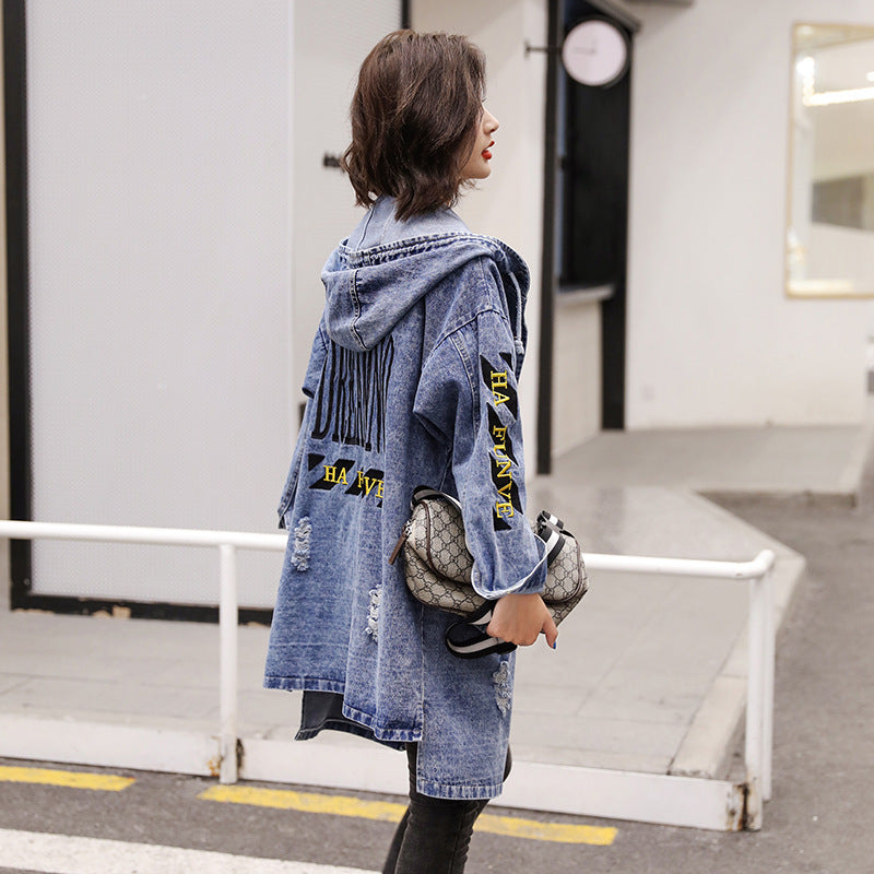 Letter Embroidered Hooded Western Style Denim Jacket
