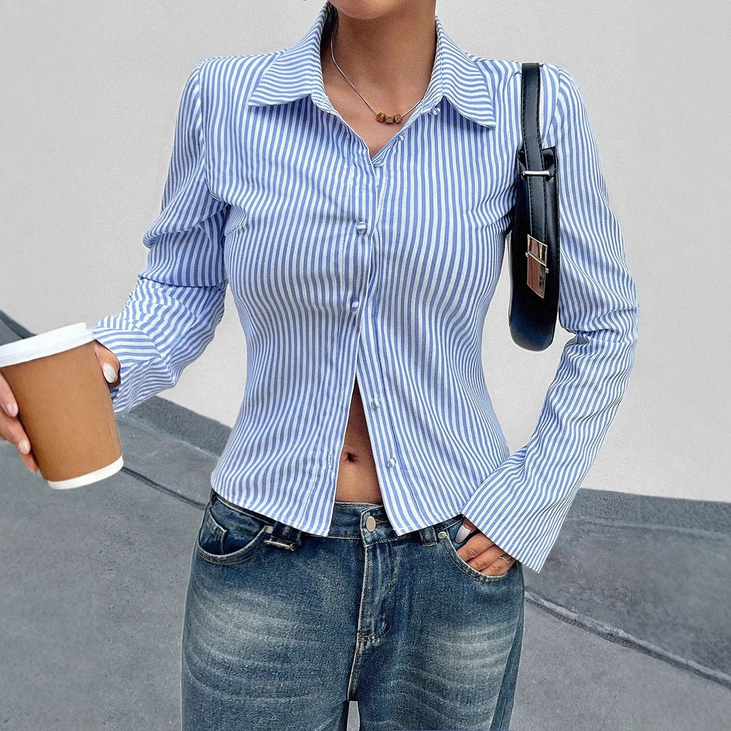 Fashion Casual All-match V-neck Striped Long Sleeve Shirt Top