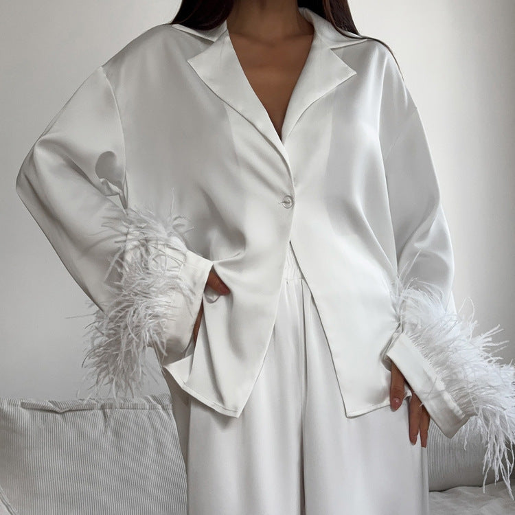 Stitching Design Feather Long Sleeve Lapel Top Casual Trousers Two-piece Set