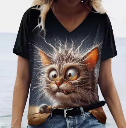 Women's Summer Cat Print Casual Short Sleeve Round Shirt Loose Clothing