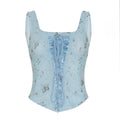 French Style Girl Square Collar Butterfly Printed Mesh Sling Top