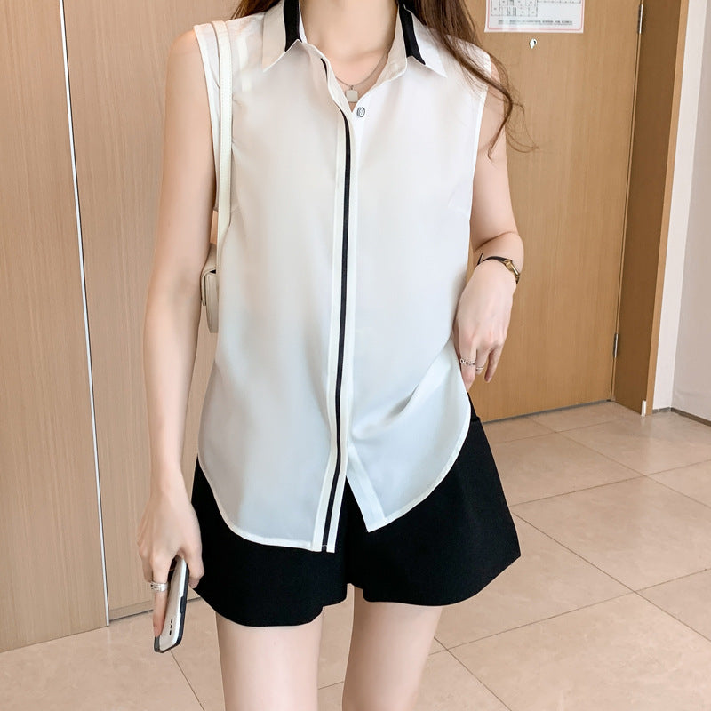Contrast Color Waistcoat Shirt Women's Outer Wear Shirt Sleeveless Chiffon Comfort And Casual Top