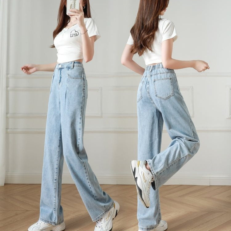 Elastic Waist Straight Jeans Women's Summer Thin High Wide-leg Pants