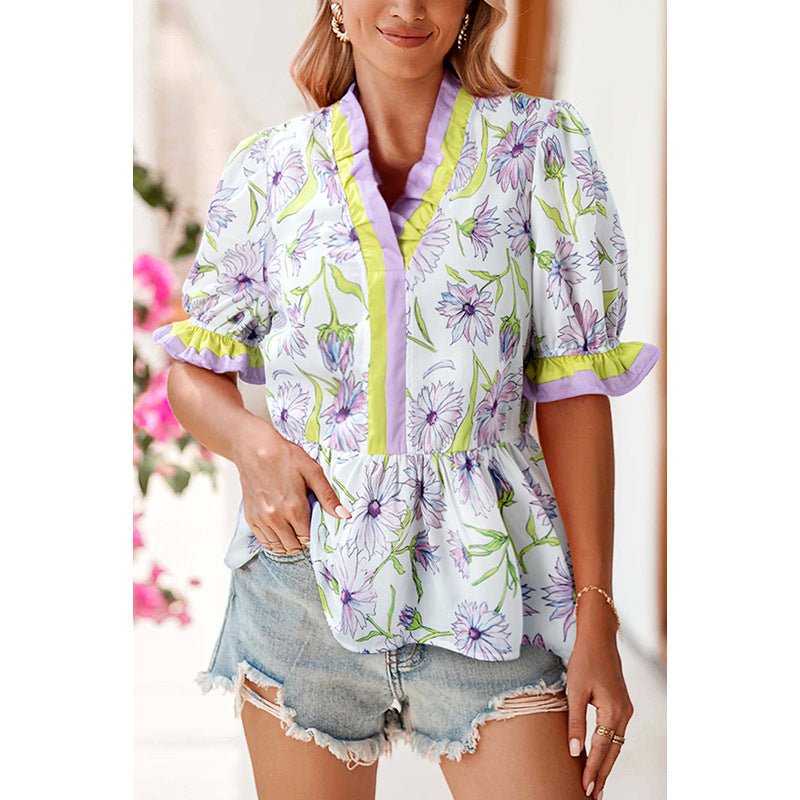 Fashion Floral Ruffled Half Sleeve T-shirt For Women