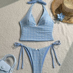 Plaid Collar Sleeveless Slim Fit Top Drawstring Short Lace Pants Suit Women's Swimsuit