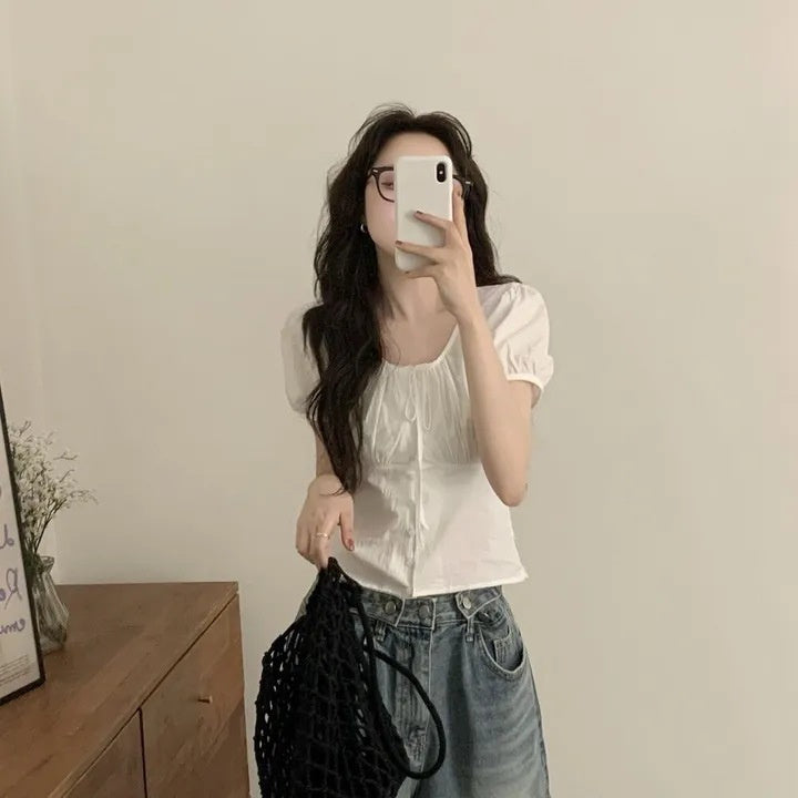 Single-breasted Lace Up Short Shirt French Small Top