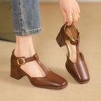 Women's Square Toe T-buckle Hollow Sandals