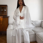 Stitching Design Feather Long Sleeve Lapel Top Casual Trousers Two-piece Set