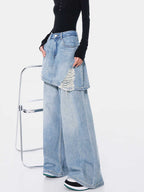 Vintage Blue Washed Fake Two-piece Jeans For Women Ripped Straight Pants