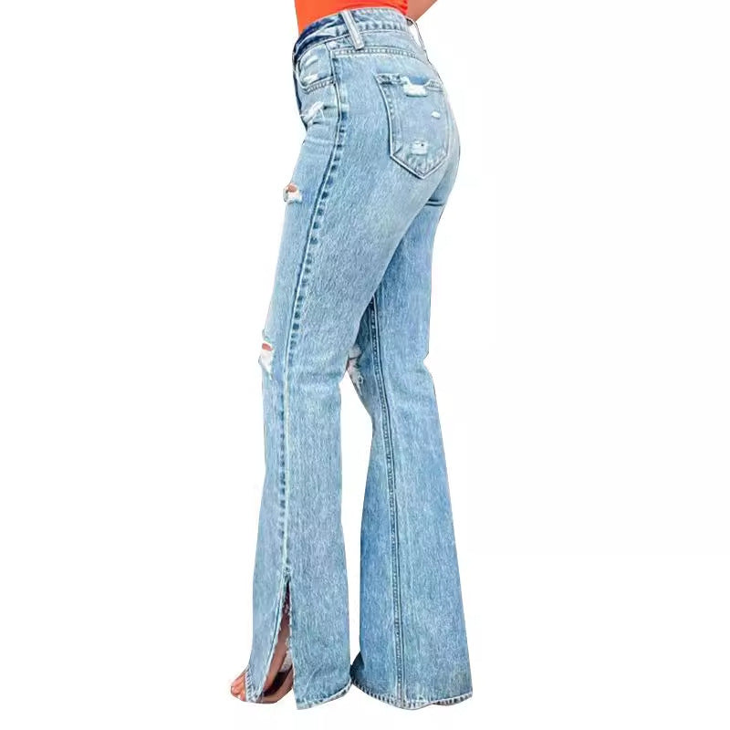 Ladies Jeans High Waist Ripped Slightly Stretch Split Trousers