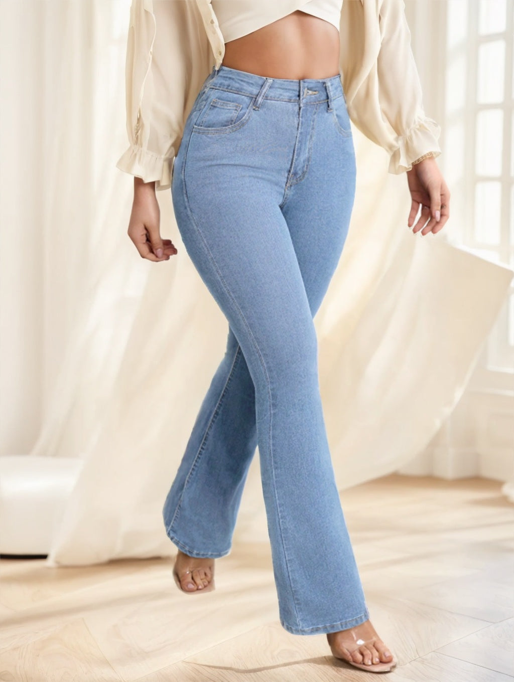 Women's Button Front Pocket Simple Design Casual Denim Long Pants
