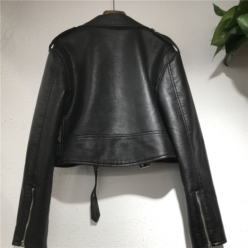 Women's Short Lace-up Motorcycle Pu Leather Jacket