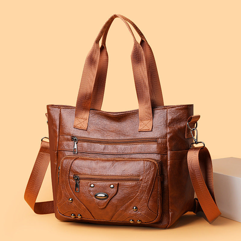 Large Capacity Soft Leather Washed Leisure Commute Shoulder Bag